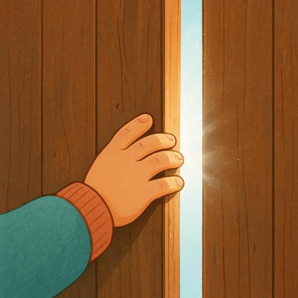 Uma criança pequena está puxando uma porta de madeira de cor viva, revelando um vislumbre de luz do lado de fora.