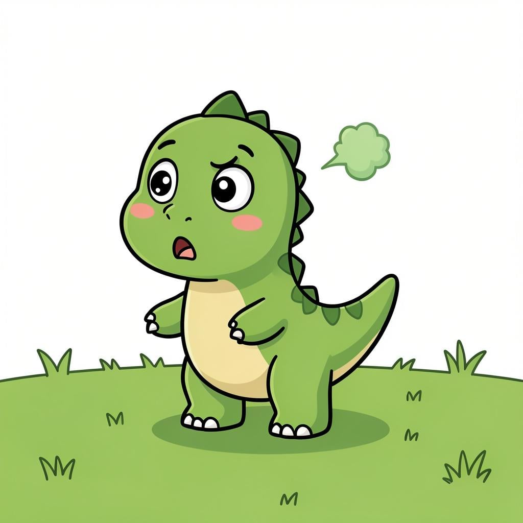 A small green dinosaur looking surprised with a tiny green puff of air behind it.