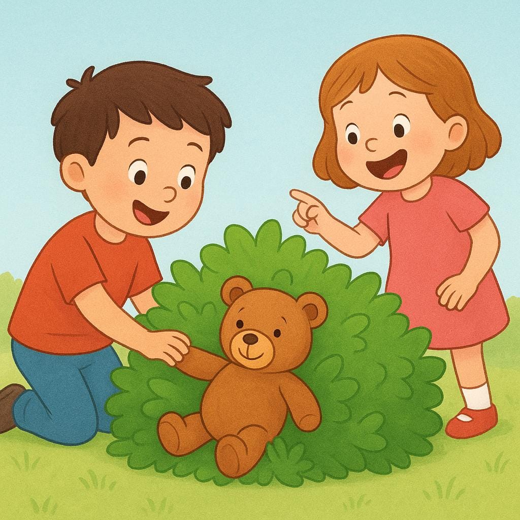 A storybook illustration showing two small figures, possibly children, kneeling down and smiling brightly as they successfully locate a large, brightly colored teddy bear hidden behind a bush in a sunny, green field.