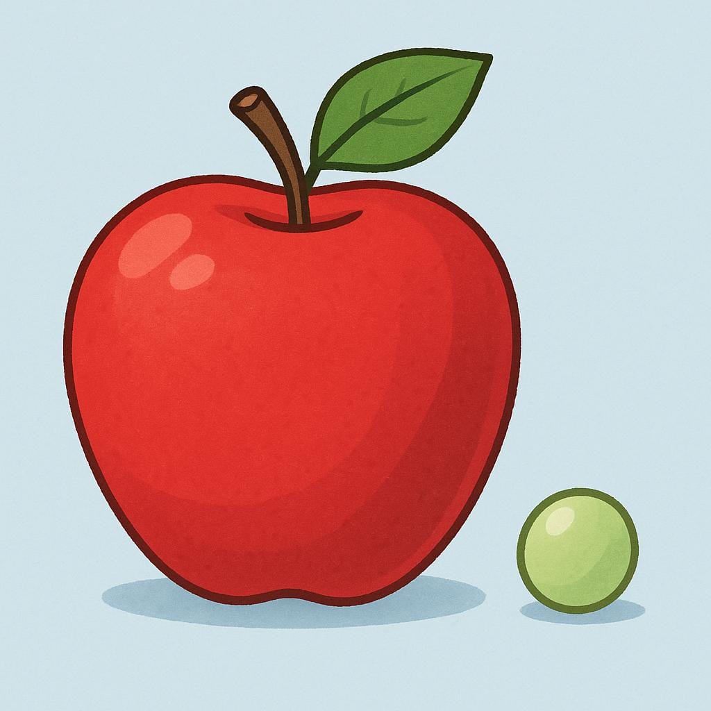 A visual comparison showing a large, bright red apple placed prominently in the center, and a much smaller, pale green grape positioned off to the side, illustrating the concept of secondary importance.