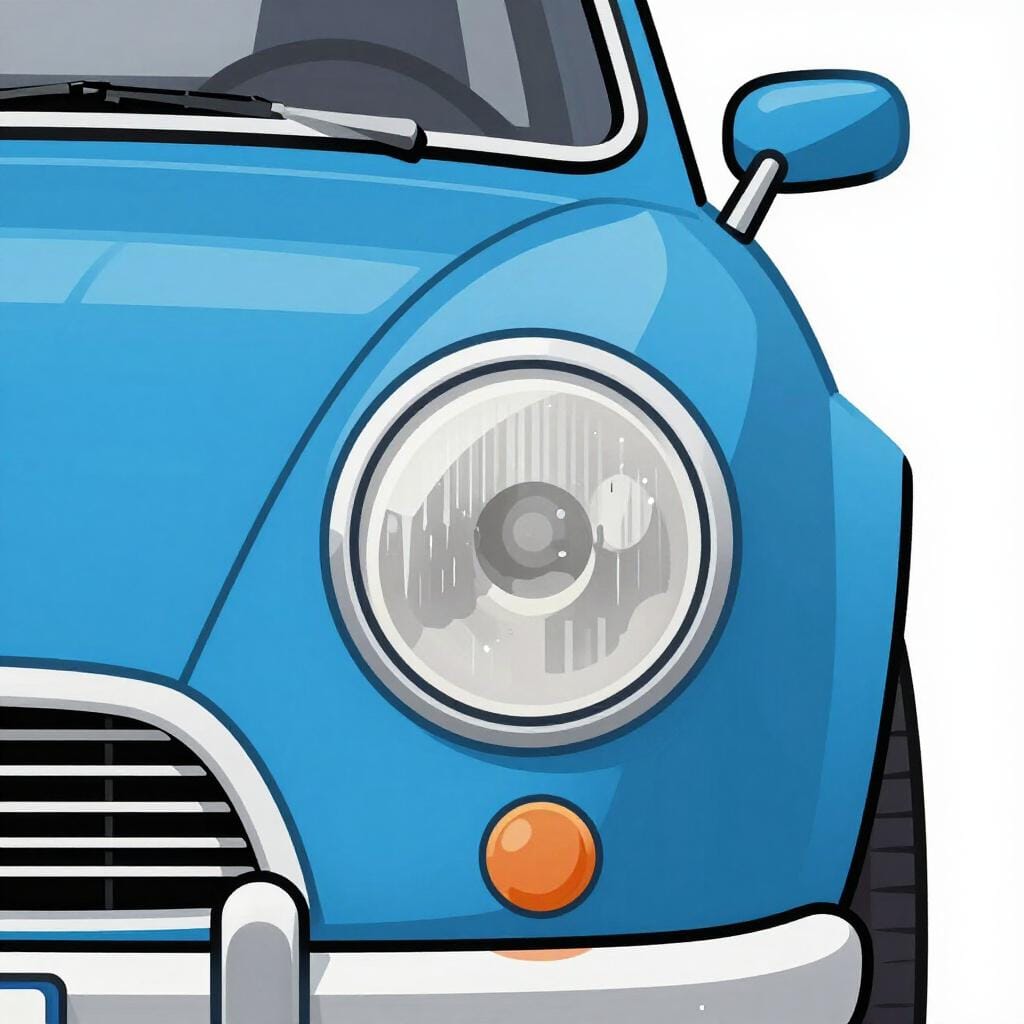 Die Vorderseite eines klassischen blauen Autos, die einen hellen runden Scheinwerfer zeigt.