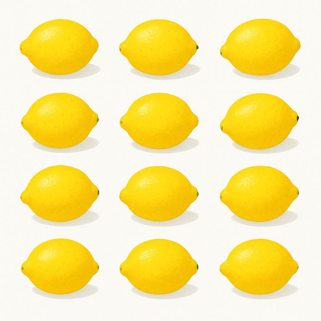 A high quality simple colorful storybook illustration showing twelve identical bright yellow lemons arranged neatly in a group on a white background.