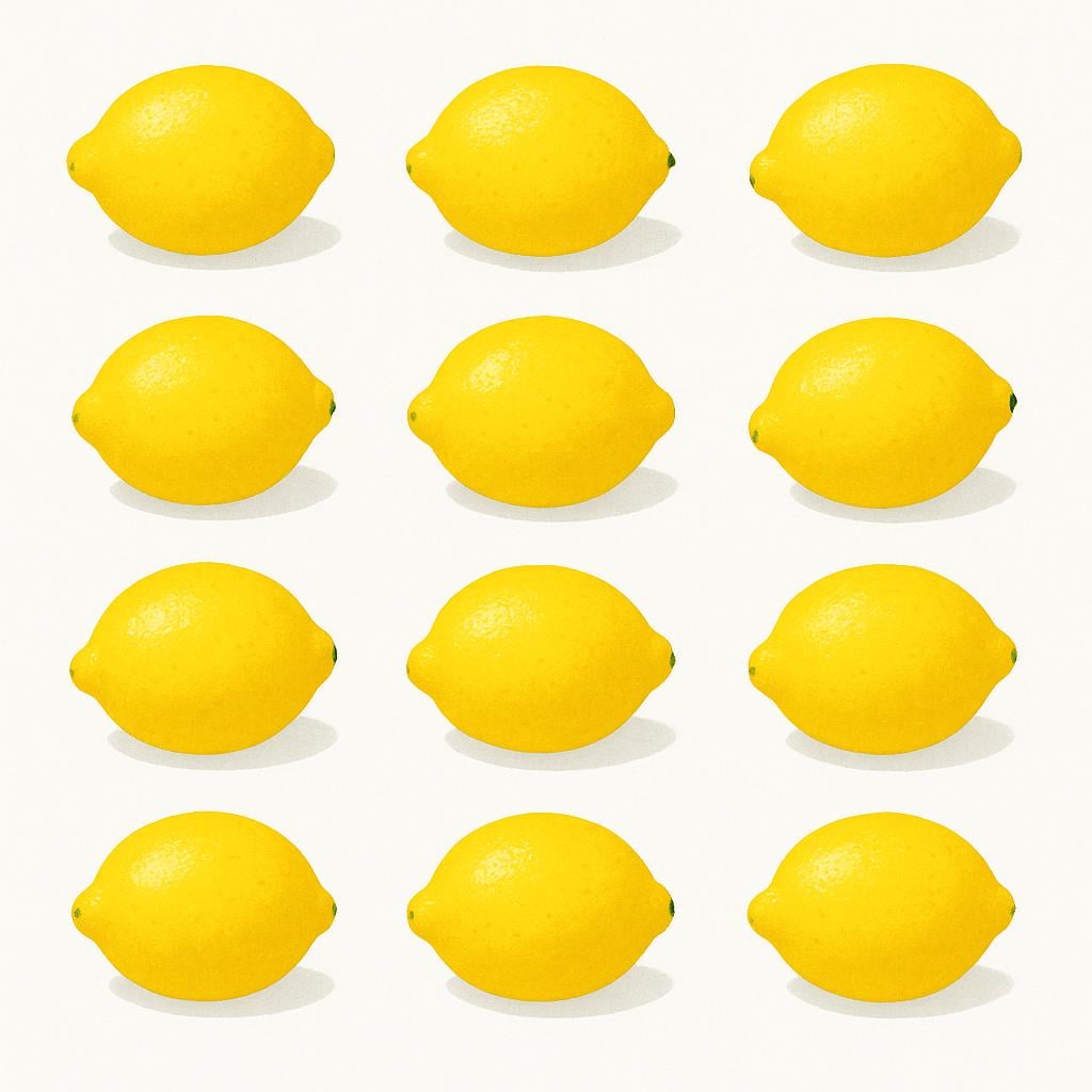 A high quality simple colorful storybook illustration showing twelve identical bright yellow lemons arranged neatly in a group on a white background.