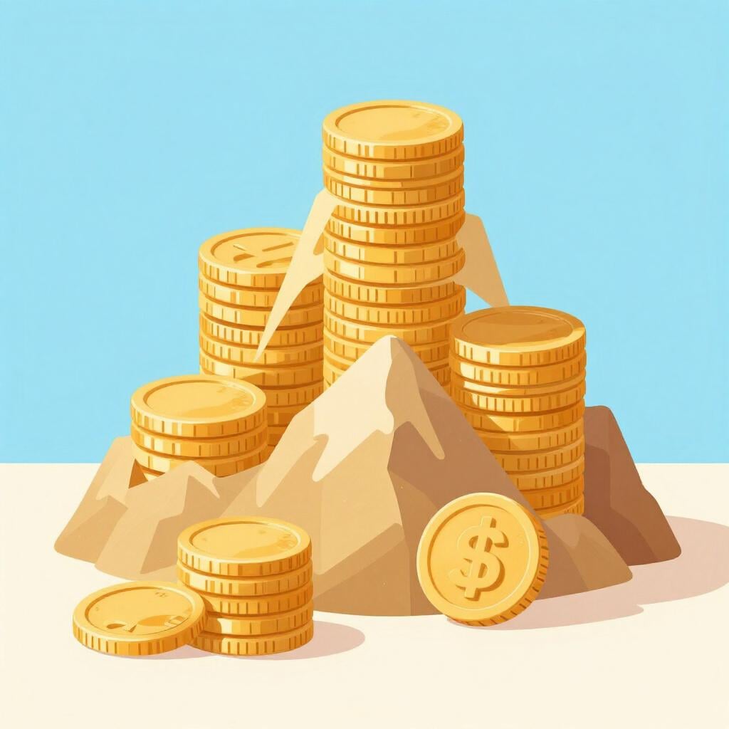 A small pile of gold coins next to a very large, towering pile of gold coins.