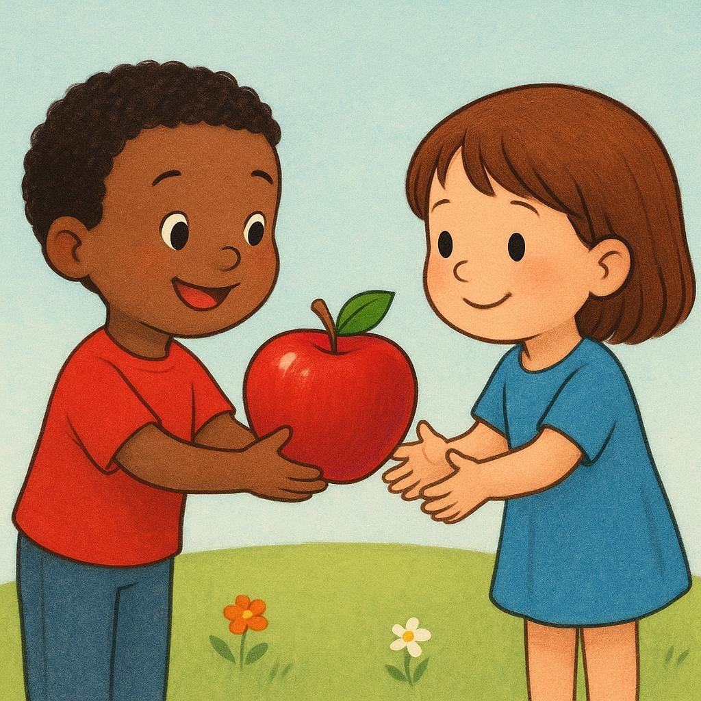 A high quality storybook illustration showing one child happily handing a large, ripe apple to another child, symbolizing the act of giving freely.