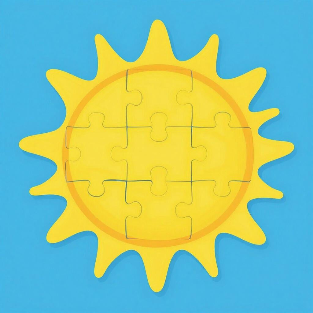 A complete puzzle with all its pieces perfectly fitted together to form a full image of a bright sun.