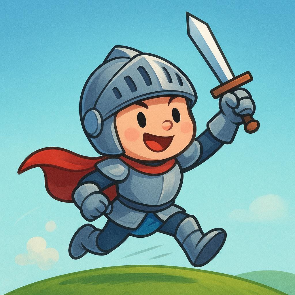 A small cartoon knight, wearing simple armor, running and raising a sword in a charging stance.