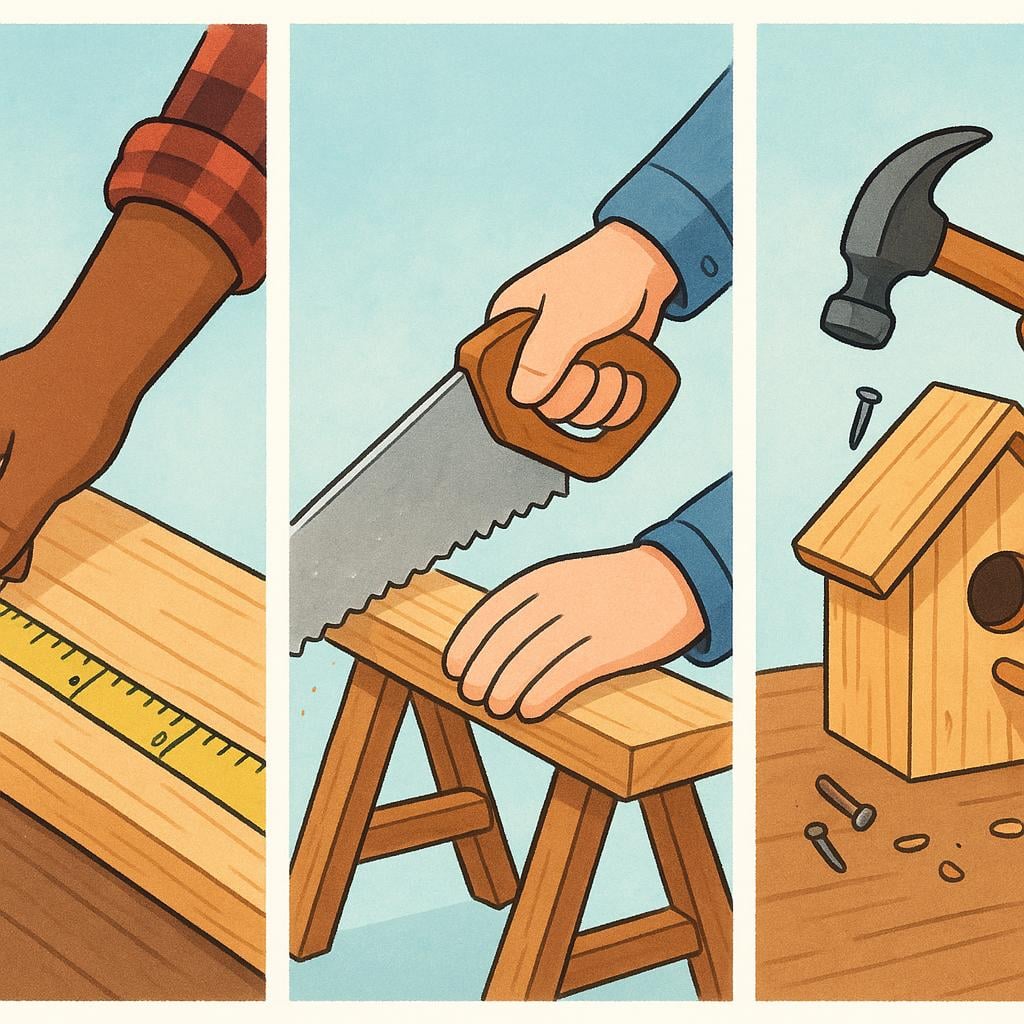 An illustration showing three hands performing sequential steps—measuring, sawing, and hammering—to construct a small wooden birdhouse, representing different techniques.