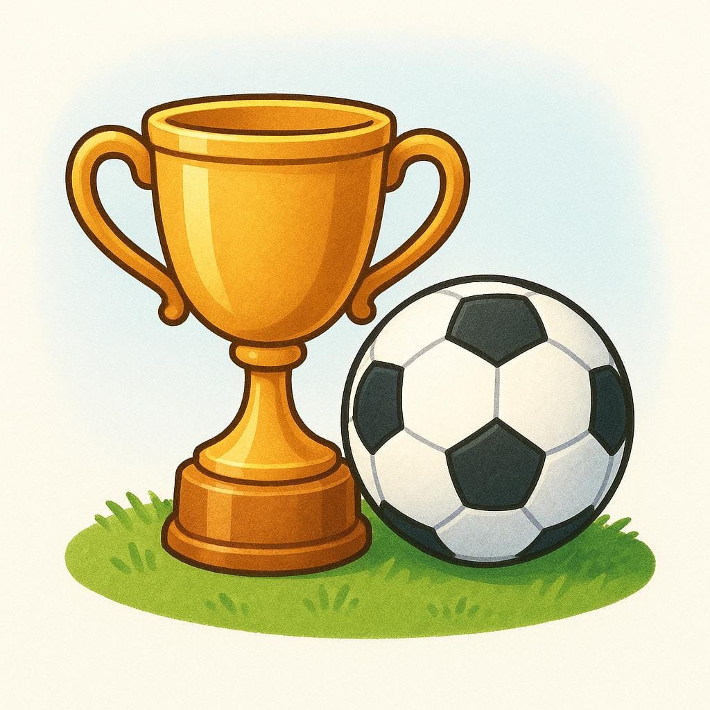 Uma taça de troféu dourada estilizada ao lado de uma bola de futebol clássica em preto e branco, representando o torneio da Copa do Mundo.