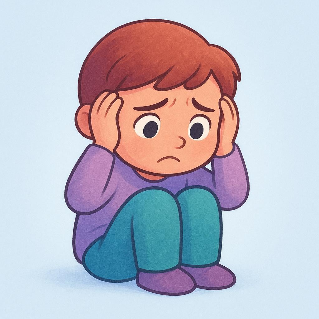 A simple storybook illustration of a distressed character sitting down with their head buried in their hands, depicting worry.