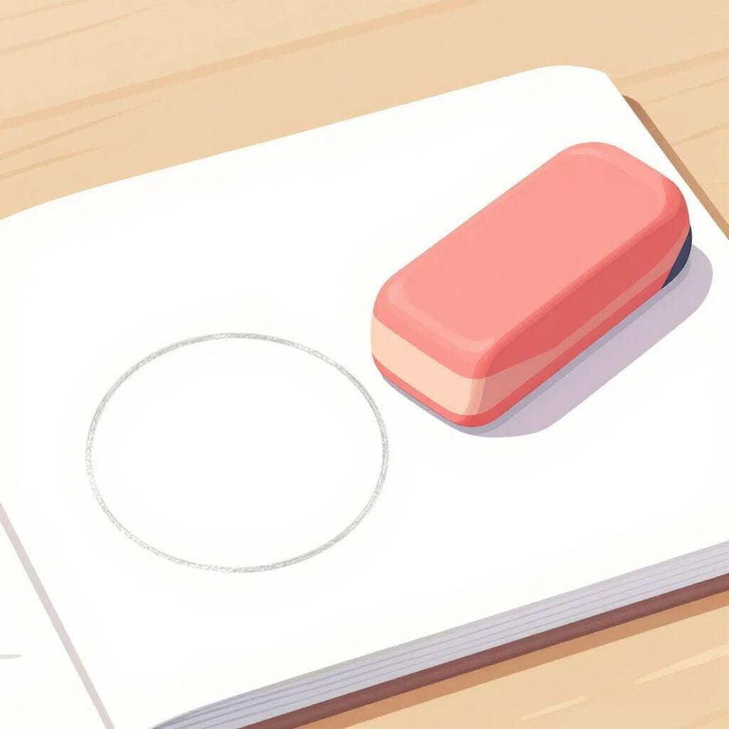 Una gomma che cancella un disegno a matita di un piccolo cerchio su un foglio di carta.