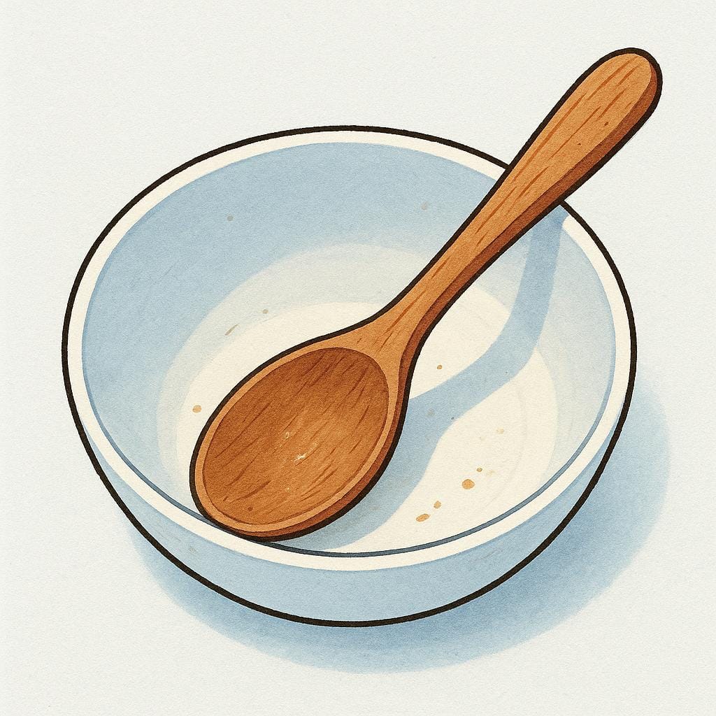 Een stevige, licht beschadigde houten lepel die in een schone, lege kom rust, duidelijk tekenen van recent gebruik vertonend.