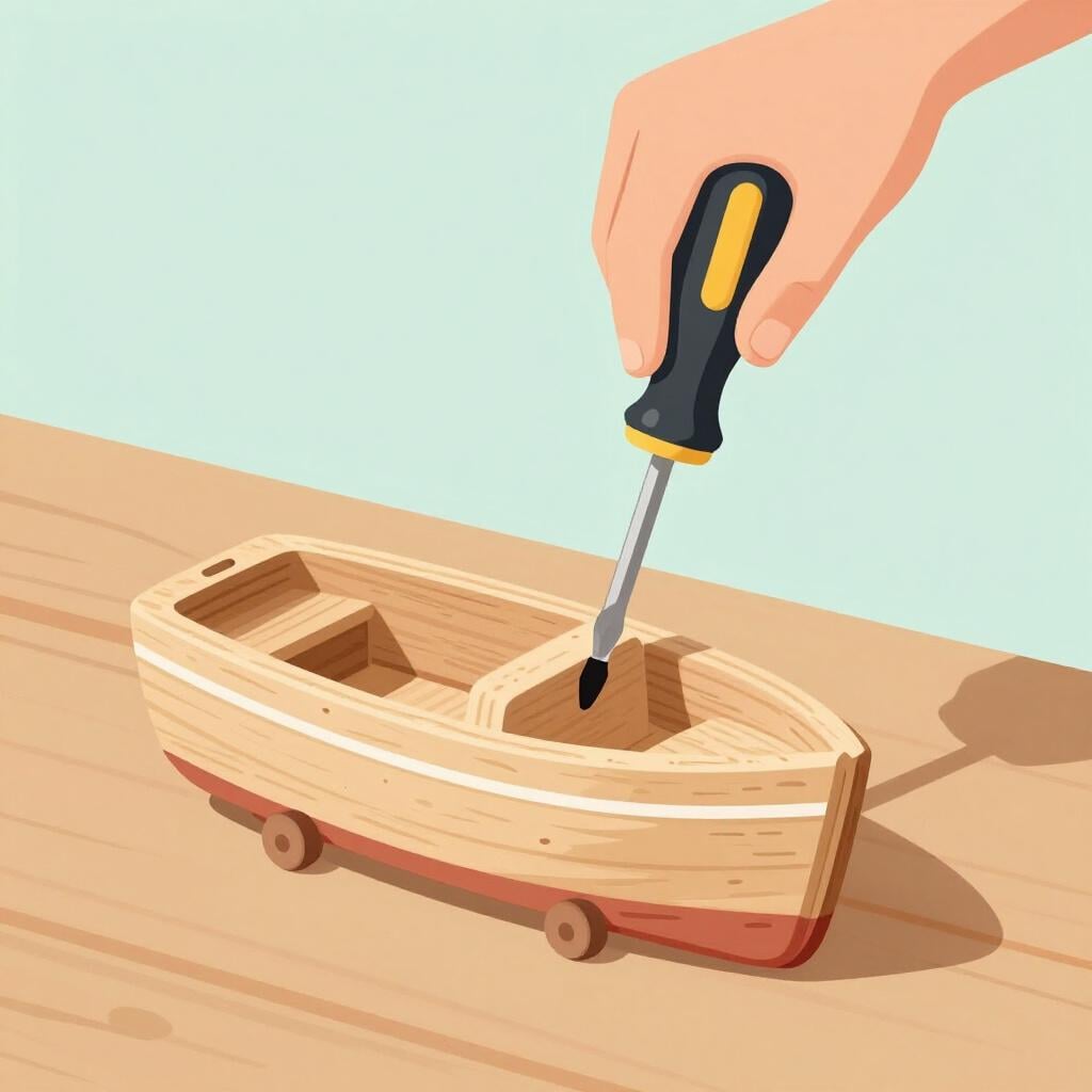 A person using a screwdriver to repair a wooden toy boat on a workbench.