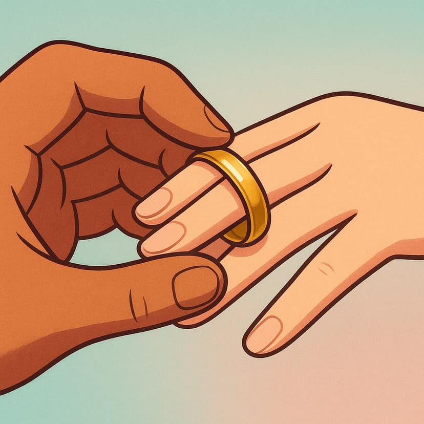 A person's hand sliding a golden wedding ring onto the ring finger of another person's hand.