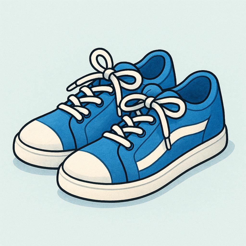 A pair of simple, comfortable blue and white athletic sneakers, viewed from the side, with white laces tied.