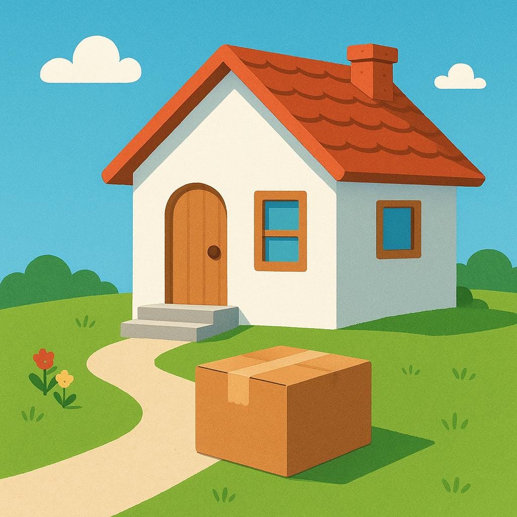 A cartoon illustration of a cardboard moving box sitting on the grass outside a small, simple house, indicating relocation.