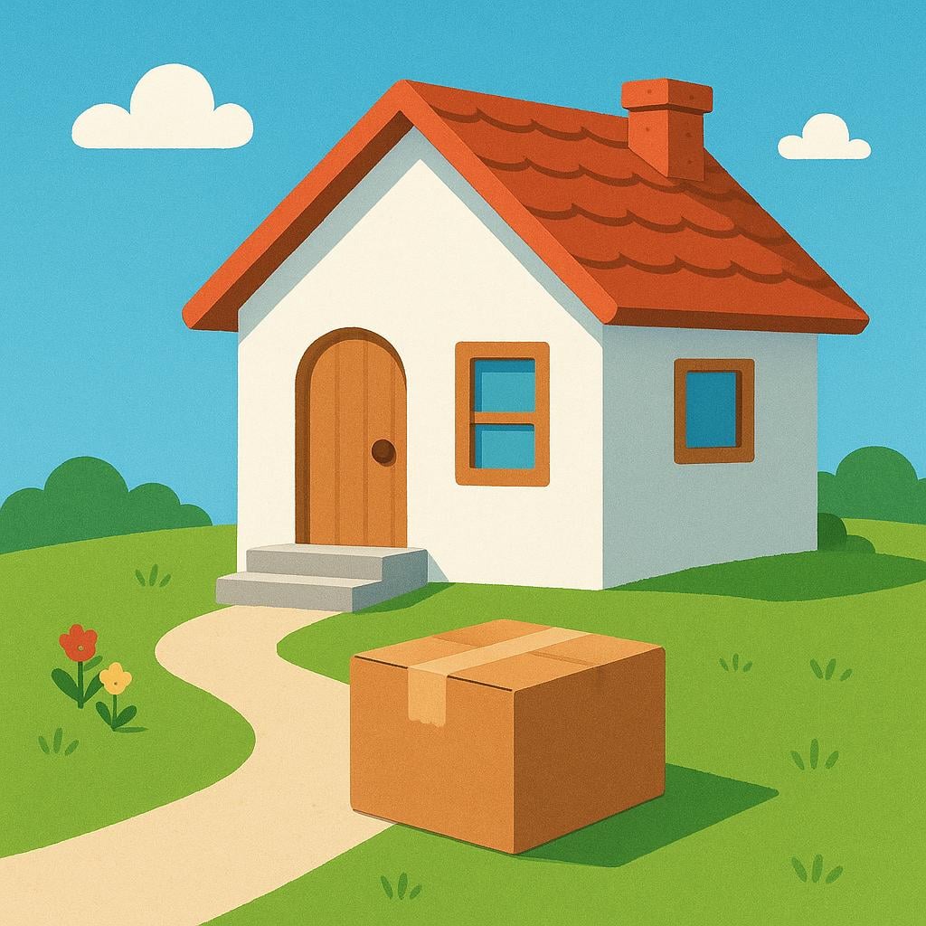 A cartoon illustration of a cardboard moving box sitting on the grass outside a small, simple house, indicating relocation.