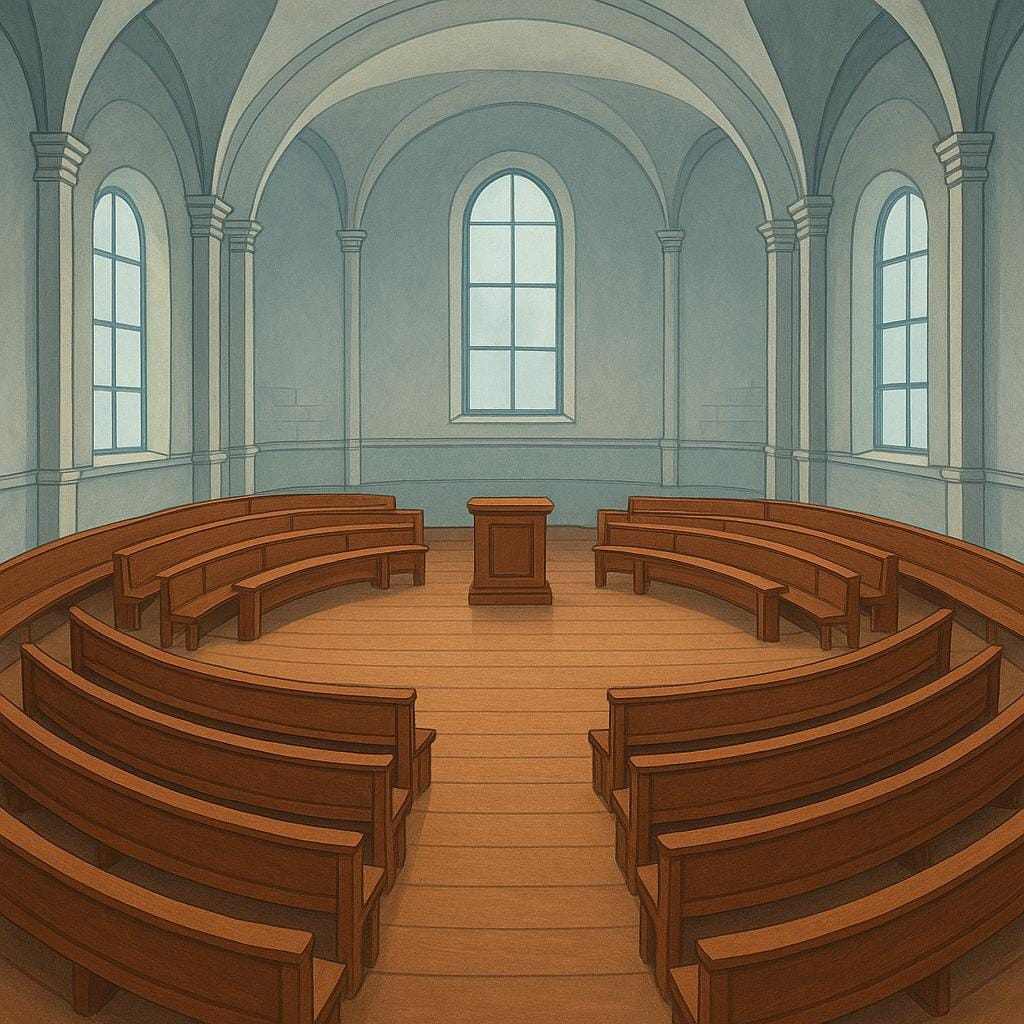 Uma sala formal, vazia, com teto alto e fileiras de assentos de madeira voltados para um pódio central, representando uma câmara legislativa.