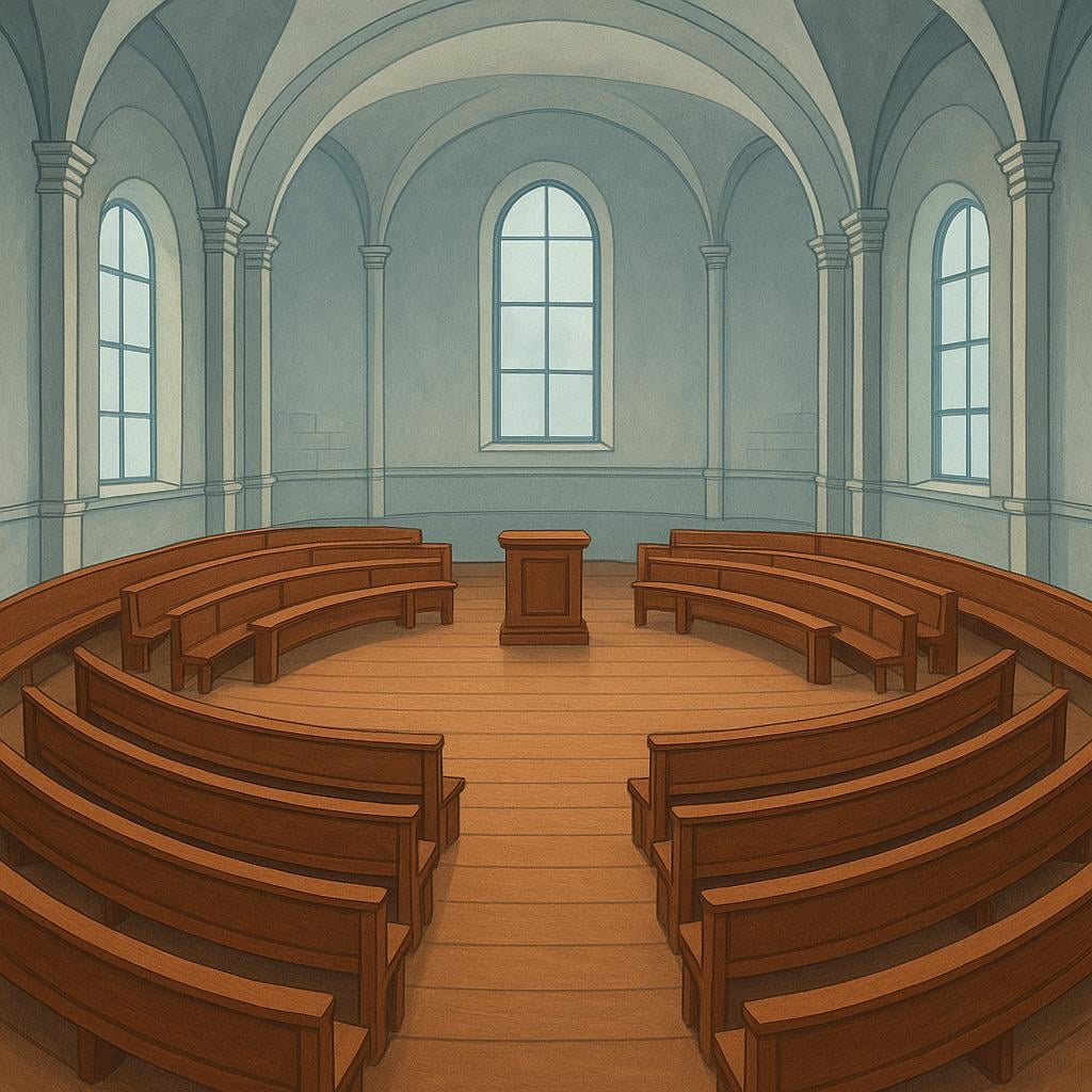 A high-ceilinged, formal, empty room with rows of wooden seats facing a central podium, representing a legislative chamber.