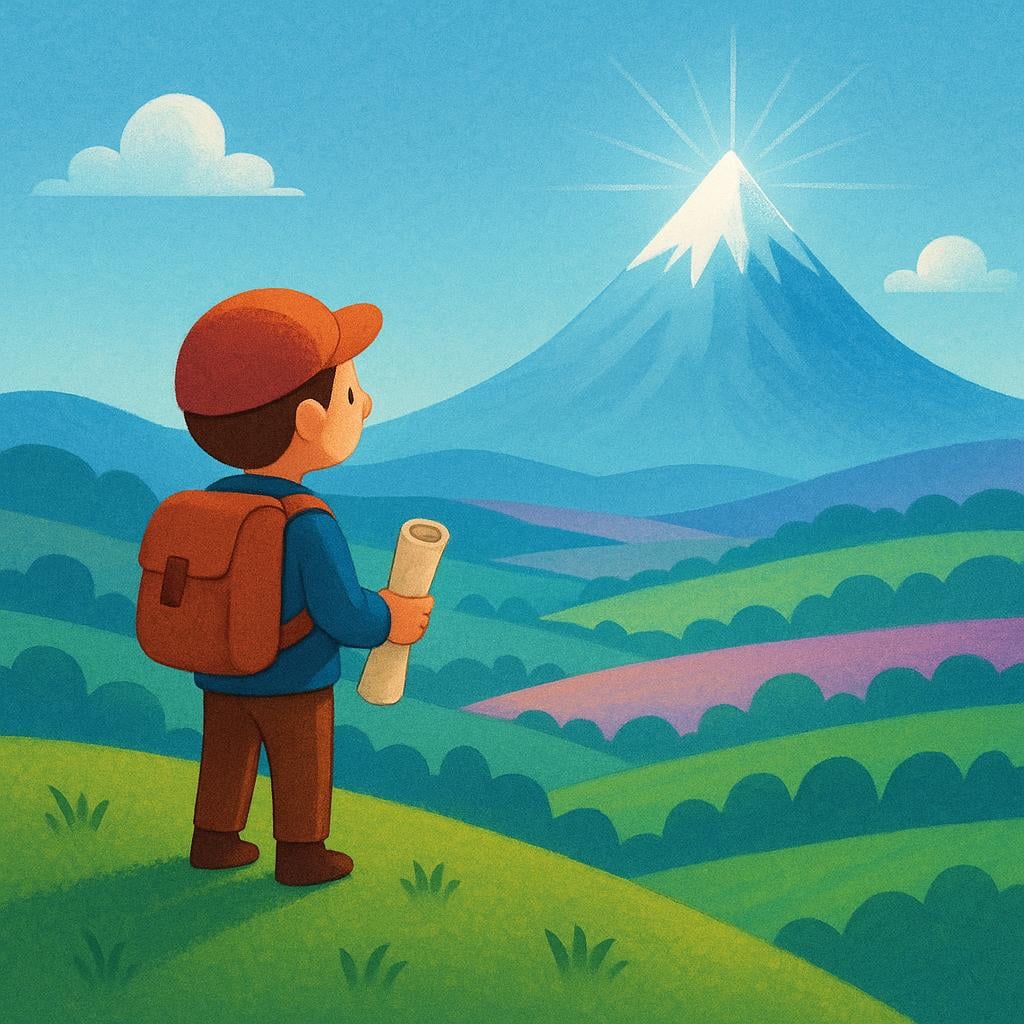 A small stylized hiker wearing a backpack stands on a grassy hill, holding a rolled-up map and gazing across a colorful valley towards a distant, shining mountain peak, symbolizing a quest.
