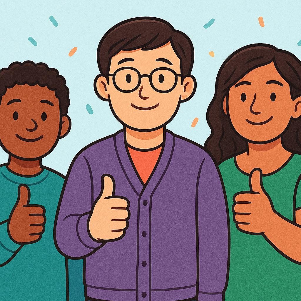 A simple illustration showing three diverse figures standing together, all raising their thumbs up in unison, symbolizing a shared general attitude.