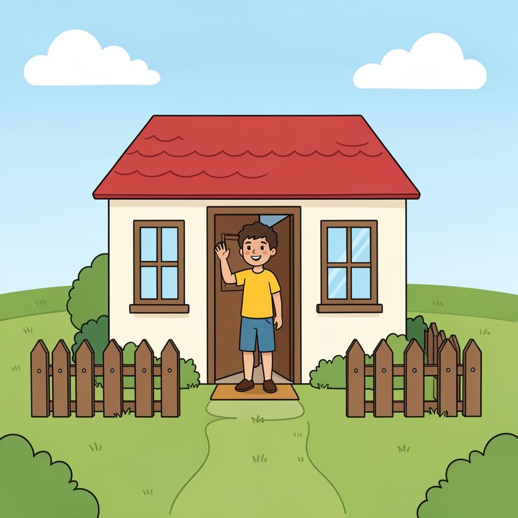 A person waving from the open doorway of a small, cozy house.