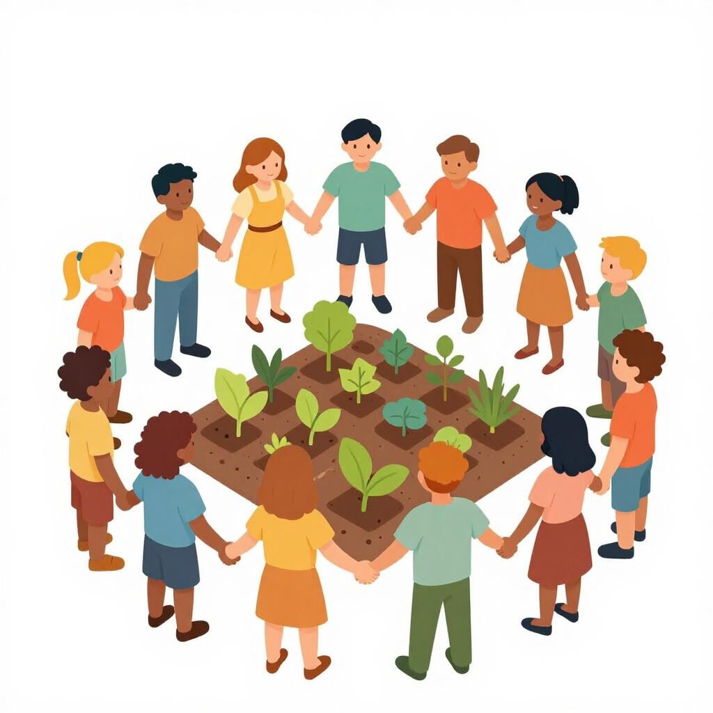 A group of diverse people holding hands and standing together around a shared community garden.