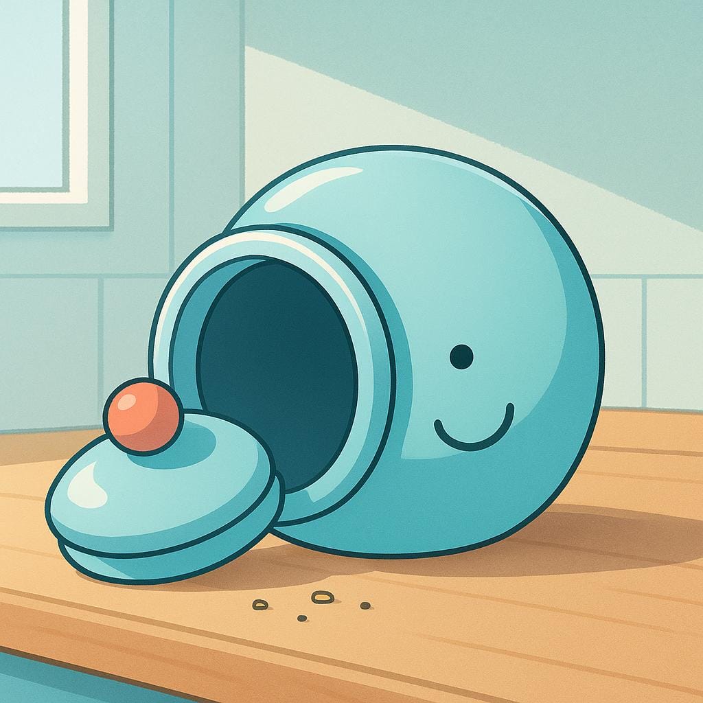 Un barattolo di biscotti di ceramica rovesciato e vuoto con solo qualche briciola sparsa nelle vicinanze, indicando che il contenuto è esaurito.