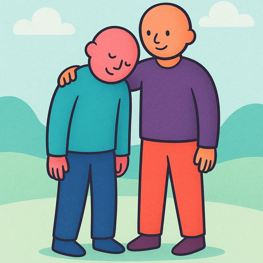 Two simplified figures are standing together, with one figure leaning heavily on the other's shoulder for support, symbolizing reliance.