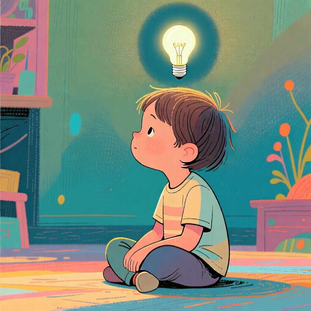 A thoughtful child sitting calmly with a softly glowing lightbulb floating above their head, symbolizing a state of past understanding.