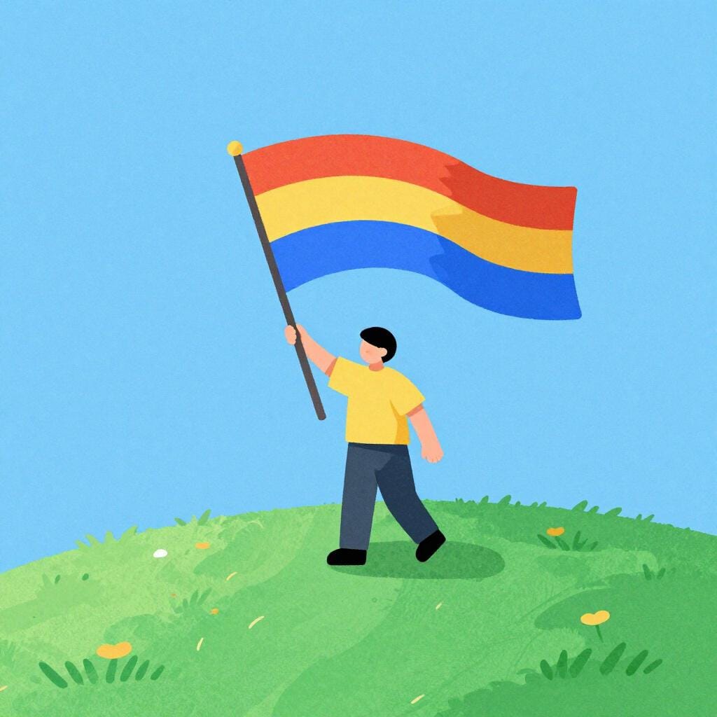 Eine Person steht auf einem Hügel, lächelt und hält die Flagge ihres Landes hoch.