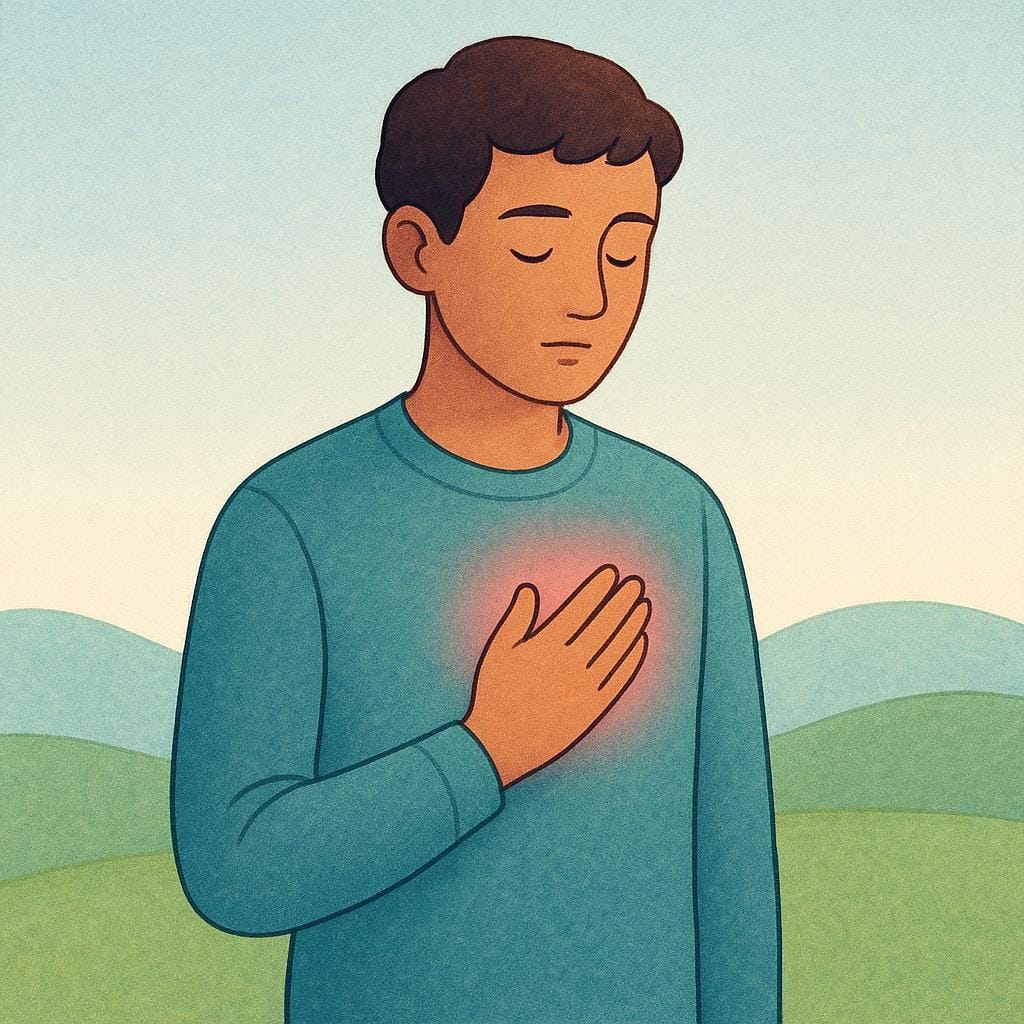 A figure standing thoughtfully with one hand pressed over their stomach or heart, indicating a strong gut feeling or intuition.