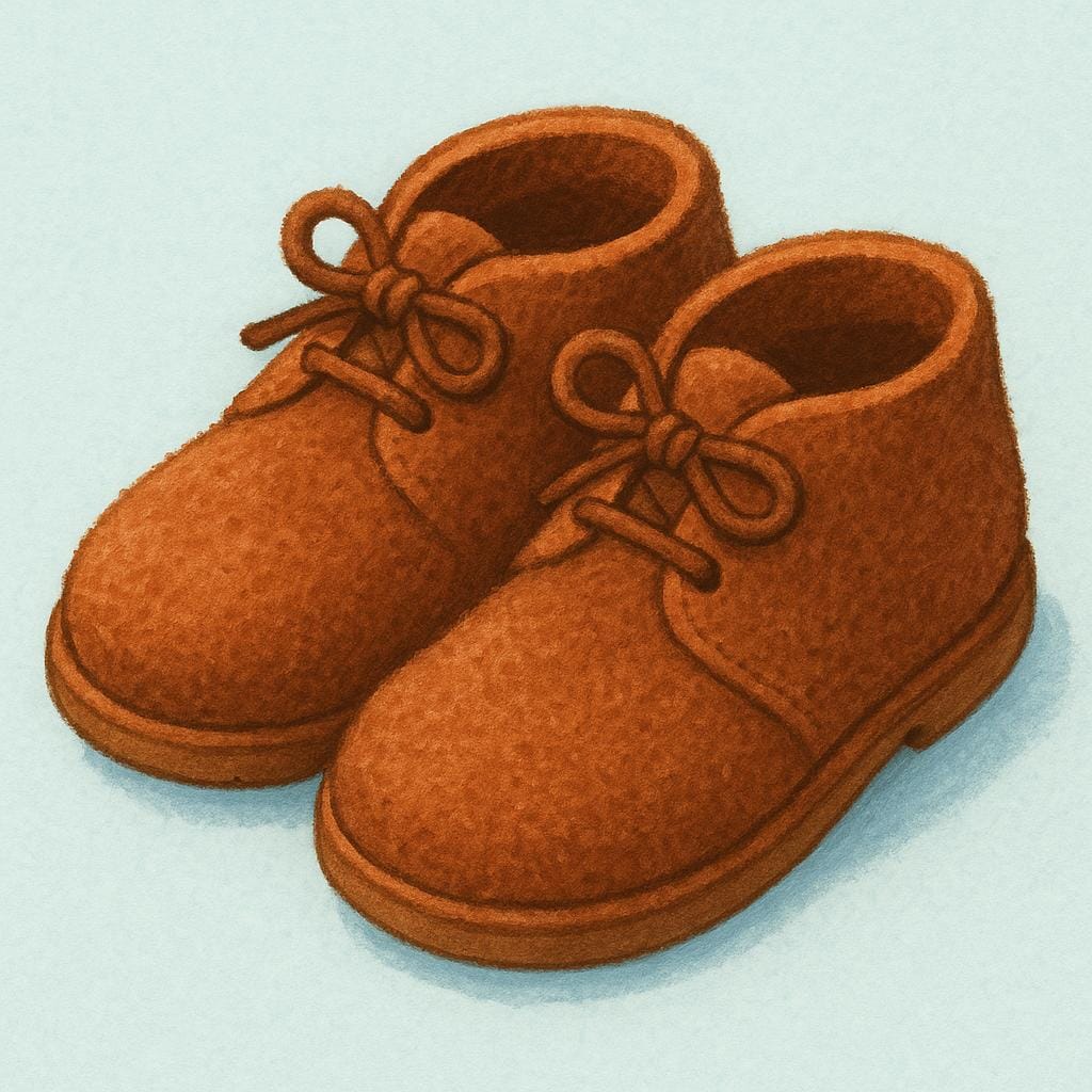 A close-up illustration of a pair of soft, fuzzy brown suede shoes, emphasizing the texture of the material.
