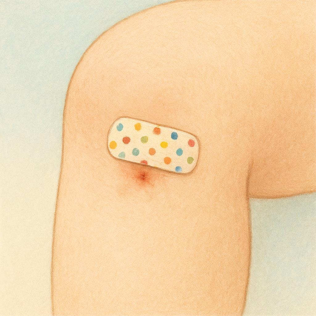 A close-up of a knee with a small, colorful adhesive bandage covering a tiny, minor scrape.