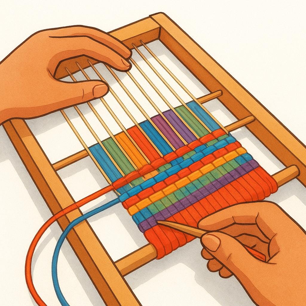 A close-up view of hands diligently weaving colorful yarn on a small wooden loom, demonstrating technical skill.