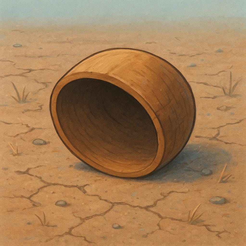 A high quality simple colorful storybook illustration of a single, overturned, empty wooden bowl lying on barren, dusty ground, symbolizing a state of extreme lack.