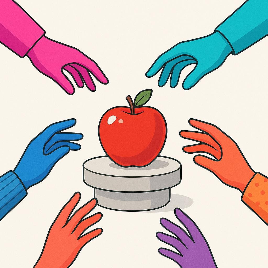 Several colorful hands reaching eagerly toward a single, perfect red apple resting on a pedestal, illustrating high market demand.