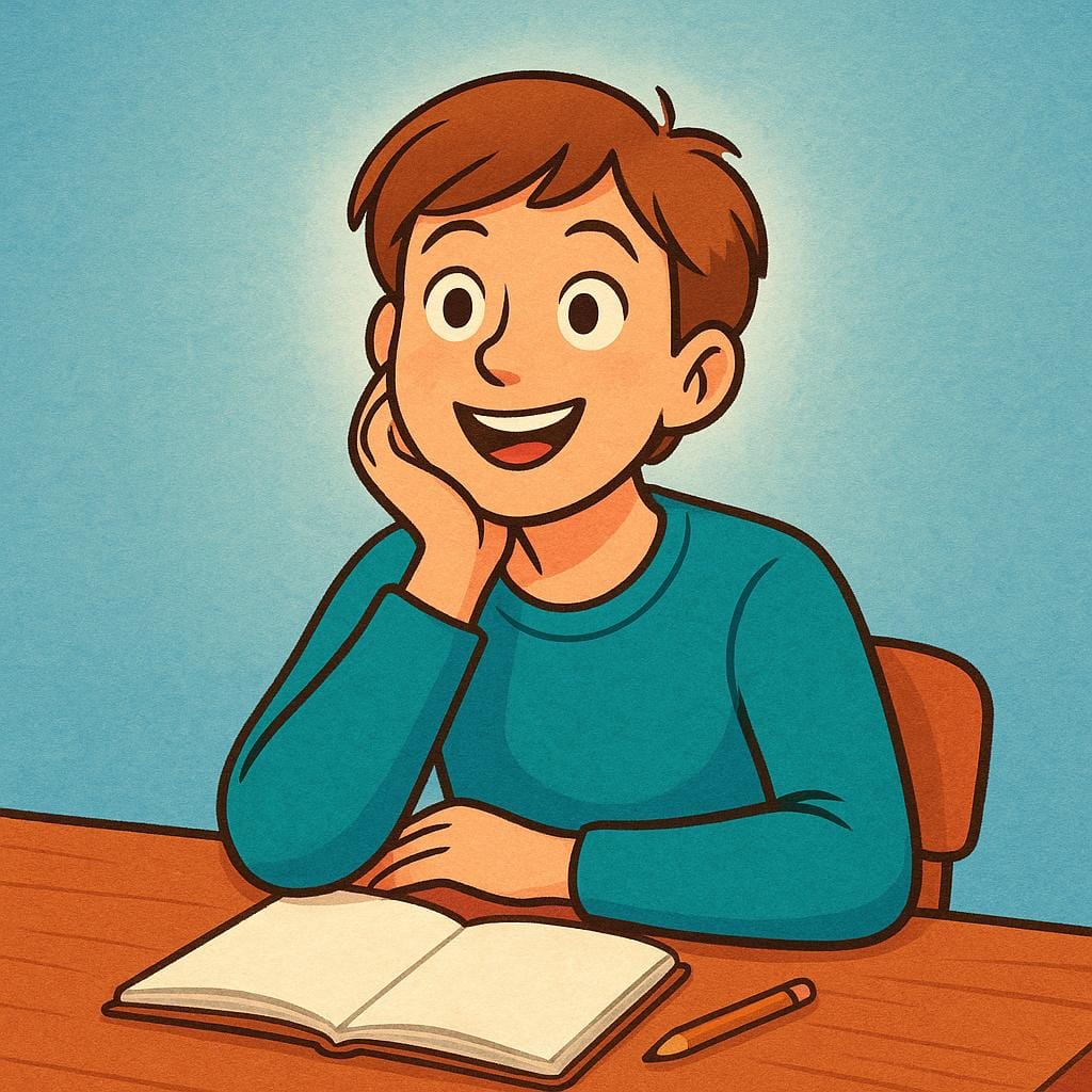 Uma ilustração simples de uma pessoa sentada sozinha em uma mesa, olhando para cima de repente com um sorriso largo e aliviado, representando o momento de autoconsciência ou de se convencer de algo.