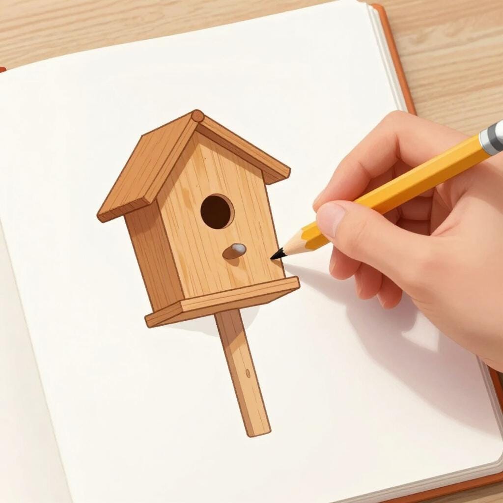 紙に鳥小屋の簡単な青写真を描いている手。