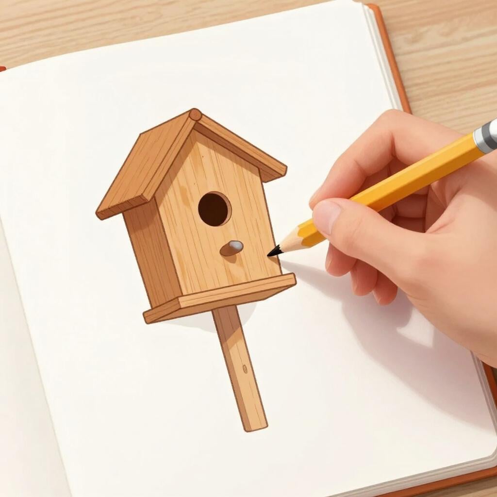 Eine Hand zeichnet einen einfachen Bauplan für ein Vogelhaus auf ein Blatt Papier.