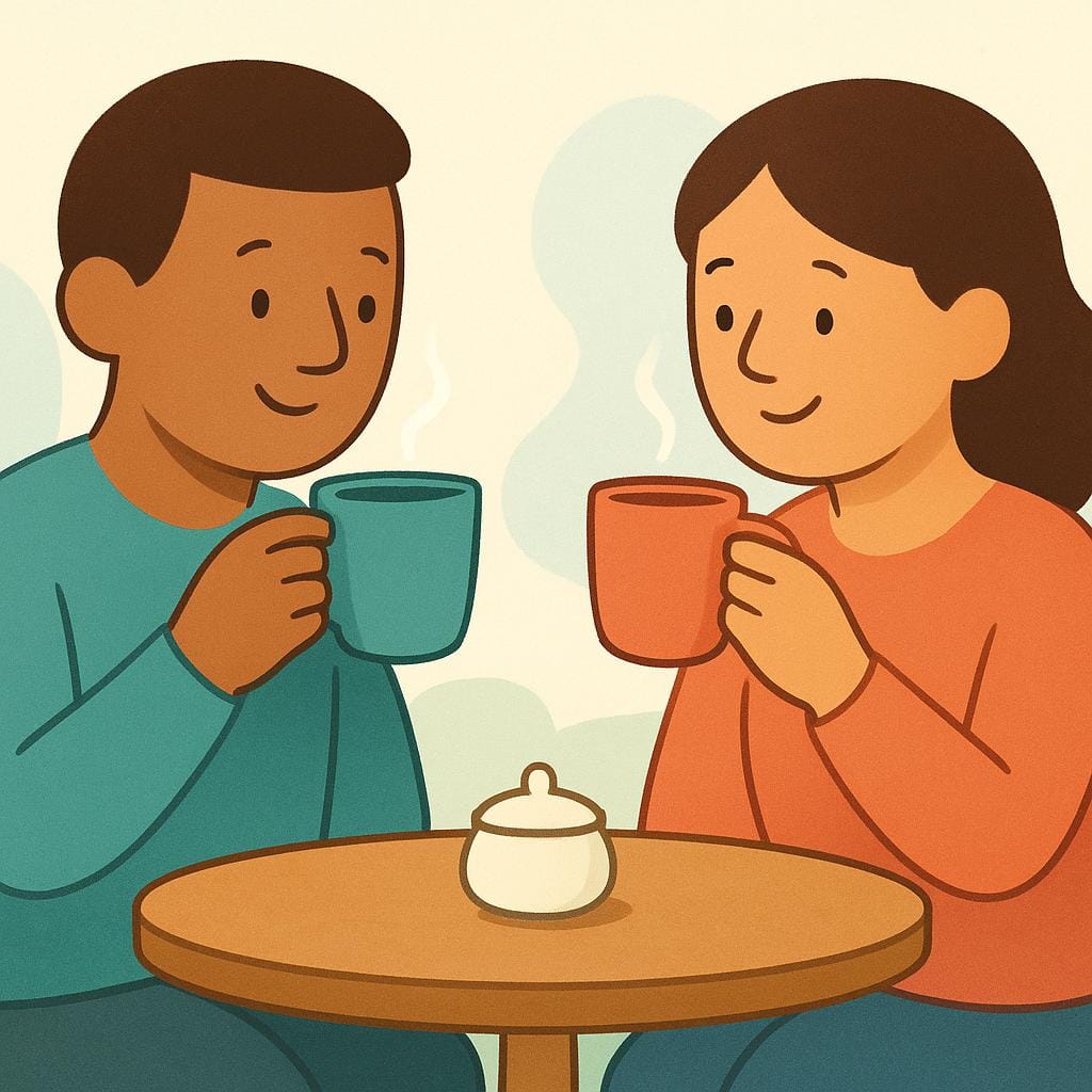 Two people are sitting at a table and drinking from mugs.