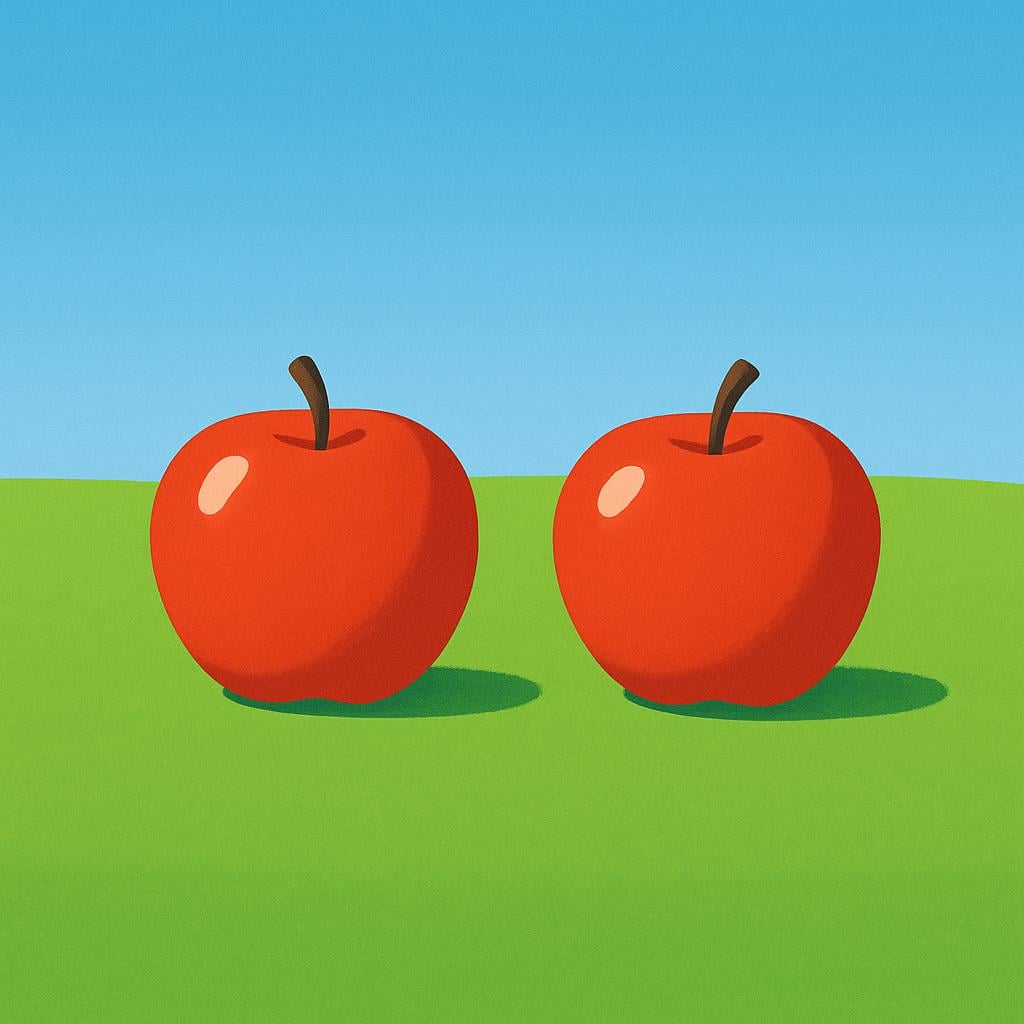 Two bright red apples resting side-by-side in the center of a wide, empty green field under a clear blue sky, emphasizing that they are the sole objects present.