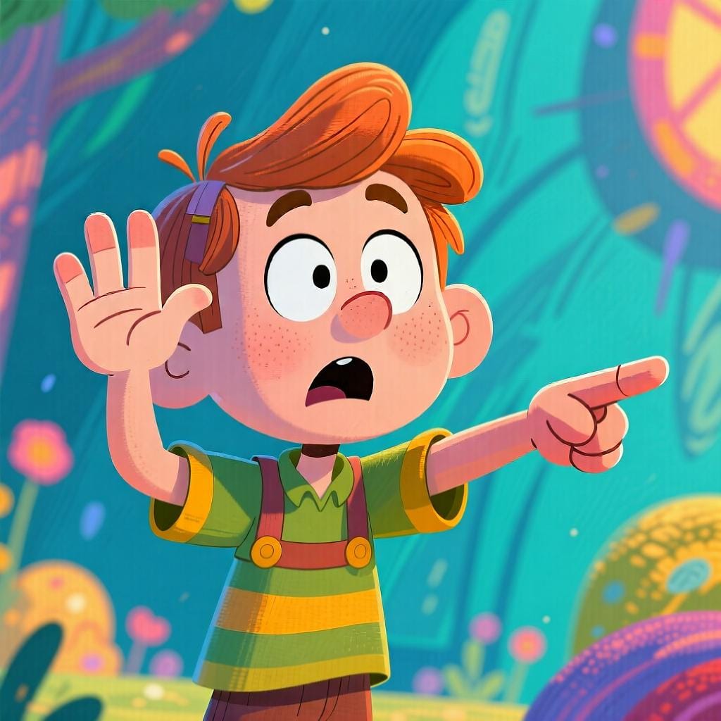 A cartoon character pausing mid-gesture and changing the direction they are pointing to correct a previous statement.