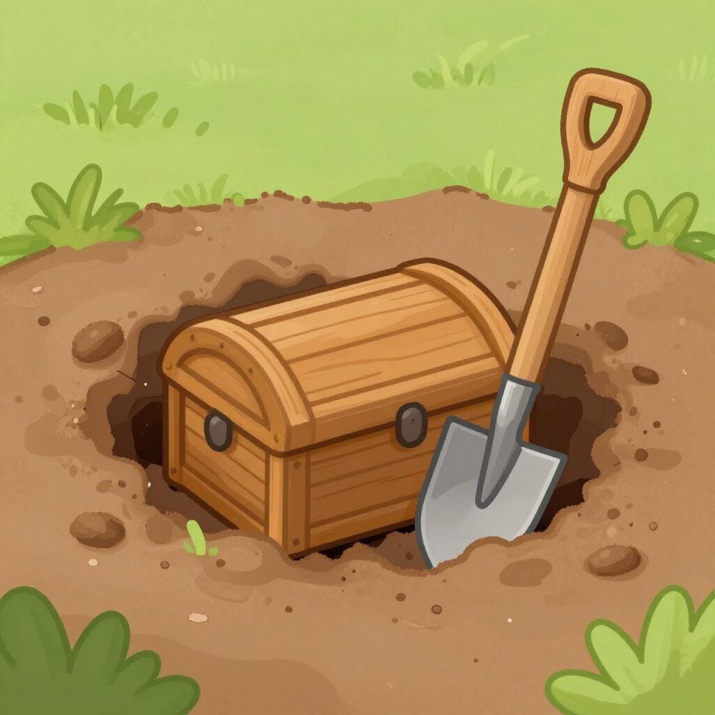 A wooden shovel resting next to a small hole in the ground where a treasure chest is being revealed.