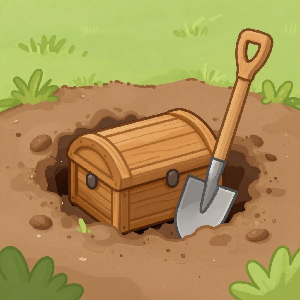 Una vanga di legno appoggiata accanto a una piccola buca nel terreno da cui sta emergendo uno scrigno del tesoro.