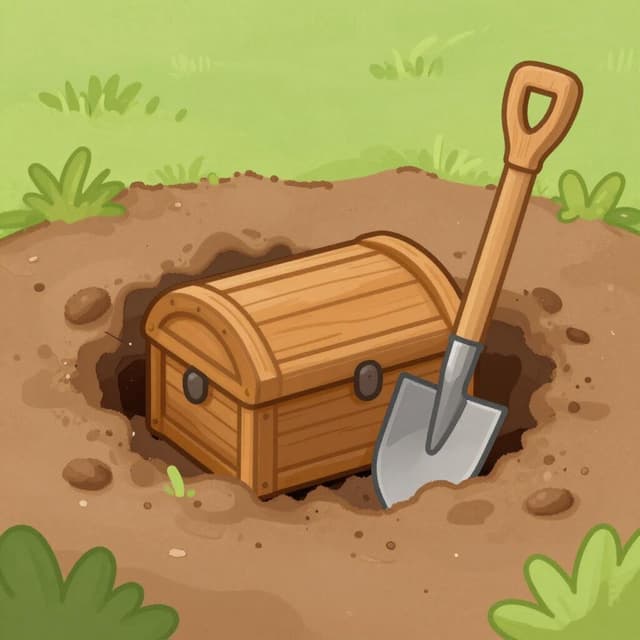 Een houten schop rustend naast een klein gat in de grond waar een schatkist wordt onthuld.