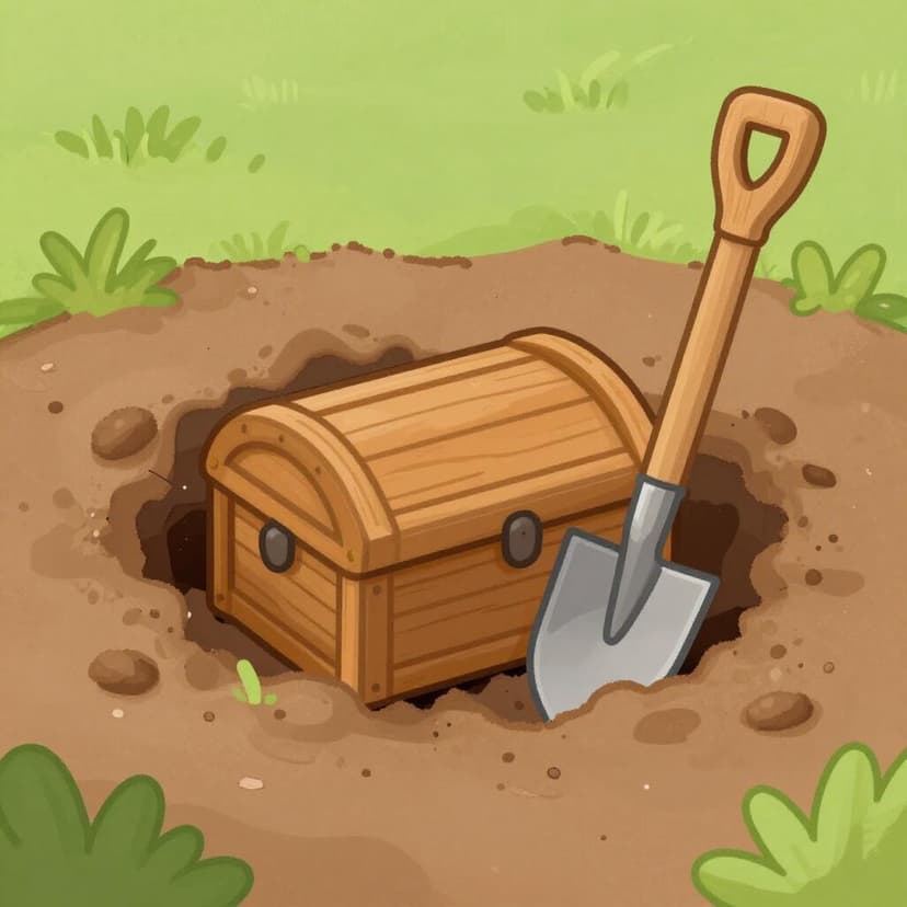 A wooden shovel resting next to a small hole in the ground where a treasure chest is being revealed.