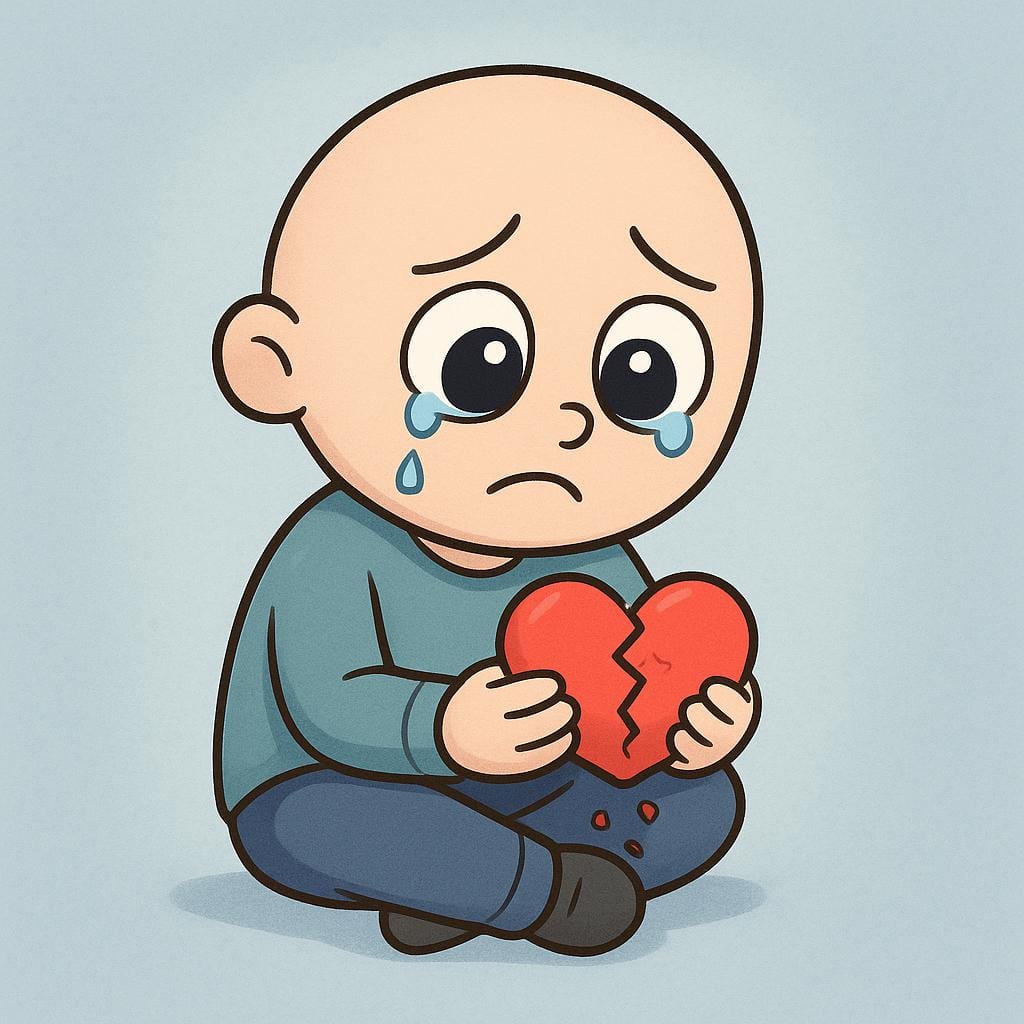A high quality simple colorful storybook illustration of a sad cartoon character sitting alone, holding a small, visibly cracked red heart shape in their hands, symbolizing emotional pain.
