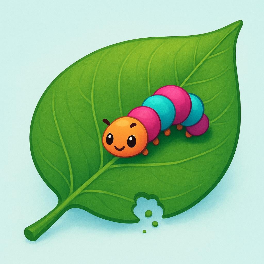 A large, healthy green plant leaf is shown with a small, brightly colored, stylized caterpillar resting and feeding on its surface, illustrating a biological host and parasite.