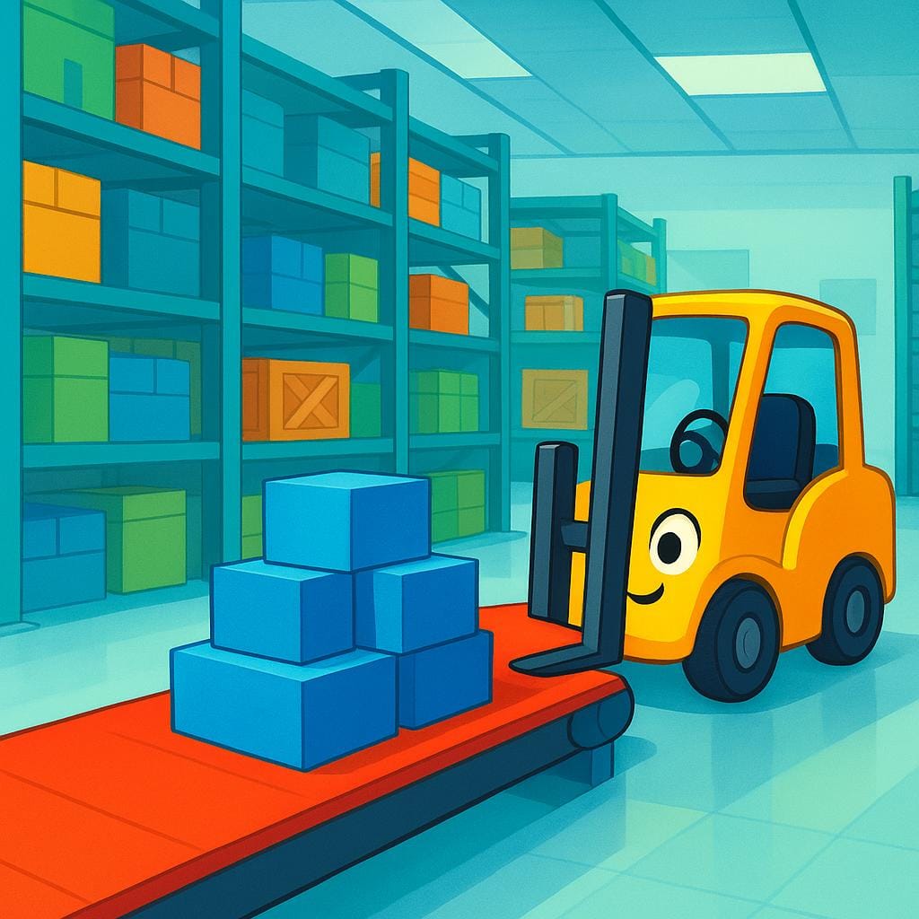 A cartoon forklift moving blue boxes along a red conveyor belt inside a brightly colored warehouse, symbolizing business operations and logistics.